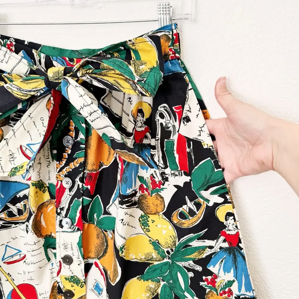[J. Crew] Novelty Print Postcard Spain Fruit Button Front A-Line Midi Skirt Sz 0